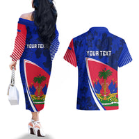Personalised Haiti Independence Anniversary Couples Matching Off The Shoulder Long Sleeve Dress and Hawaiian Shirt Mix Hibiscus - Flag Color LT7 - Wonder Print Shop