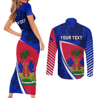 Personalised Haiti Independence Anniversary Couples Matching Short Sleeve Bodycon Dress and Long Sleeve Button Shirt Mix Hibiscus - Flag Color LT7 - Wonder Print Shop