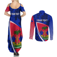 Personalised Haiti Independence Anniversary Couples Matching Summer Maxi Dress and Long Sleeve Button Shirt Mix Hibiscus - Flag Color LT7 - Wonder Print Shop