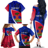 Personalised Haiti Independence Anniversary Family Matching Off Shoulder Long Sleeve Dress and Hawaiian Shirt Mix Hibiscus - Flag Color - Wonder Print Shop