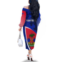 Personalised Haiti Independence Anniversary Family Matching Off Shoulder Long Sleeve Dress and Hawaiian Shirt Mix Hibiscus - Flag Color - Wonder Print Shop