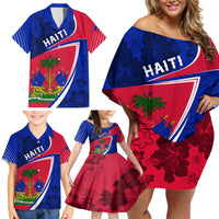Personalised Haiti Independence Anniversary Family Matching Off Shoulder Short Dress and Hawaiian Shirt Mix Hibiscus - Flag Color LT7 - Wonder Print Shop