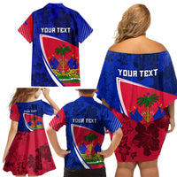 Personalised Haiti Independence Anniversary Family Matching Off Shoulder Short Dress and Hawaiian Shirt Mix Hibiscus - Flag Color LT7 - Wonder Print Shop