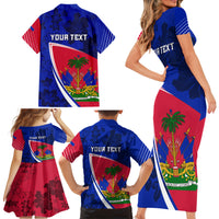 Personalised Haiti Independence Anniversary Family Matching Short Sleeve Bodycon Dress and Hawaiian Shirt Mix Hibiscus - Flag Color - Wonder Print Shop