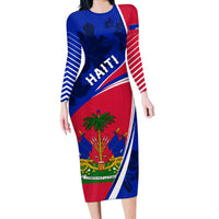 Personalised Haiti Independence Anniversary Long Sleeve Bodycon Dress Mix Hibiscus - Flag Color - Wonder Print Shop