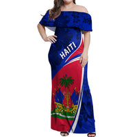 Personalised Haiti Independence Anniversary Off Shoulder Maxi Dress Mix Hibiscus - Flag Color - Wonder Print Shop