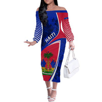 Personalised Haiti Independence Anniversary Off The Shoulder Long Sleeve Dress Mix Hibiscus - Flag Color - Wonder Print Shop