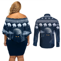 Yule Cat Christmas Couples Matching Off Shoulder Short Dress and Long Sleeve Button Shirt Jolakotturinn Snowy Night LT7 - Wonder Print Shop