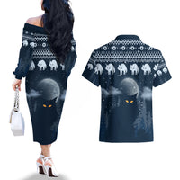 Yule Cat Christmas Couples Matching Off The Shoulder Long Sleeve Dress and Hawaiian Shirt Jolakotturinn Snowy Night LT7 - Wonder Print Shop