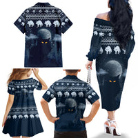 Yule Cat Christmas Family Matching Off Shoulder Long Sleeve Dress and Hawaiian Shirt Jolakotturinn Snowy Night - Wonder Print Shop