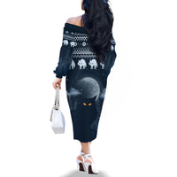 Yule Cat Christmas Family Matching Off Shoulder Long Sleeve Dress and Hawaiian Shirt Jolakotturinn Snowy Night - Wonder Print Shop