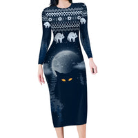 Yule Cat Christmas Long Sleeve Bodycon Dress Jolakotturinn Snowy Night - Wonder Print Shop