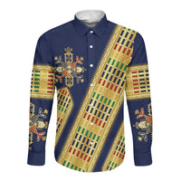 Habesha Kemis Inspired Tilet Pattern Long Sleeve Button Shirt Royal Blue - Gold