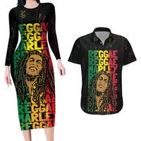 Reggae King Marley Couples Matching Long Sleeve Bodycon Dress and Hawaiian Shirt Typeset Grunge Style LT7 - Wonder Print Shop