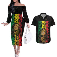 Reggae King Marley Couples Matching Off The Shoulder Long Sleeve Dress and Hawaiian Shirt Typeset Grunge Style LT7 - Wonder Print Shop