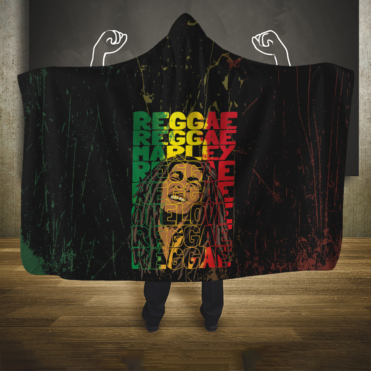 Reggae King Marley Hooded Blanket Typeset Grunge Style