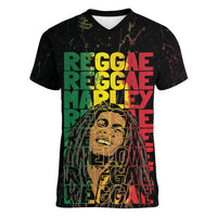 Reggae King Marley Women V-Neck T-Shirt Typeset Grunge Style - Wonder Print Shop
