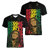 Reggae King Marley Women V-Neck T-Shirt Typeset Grunge Style - Wonder Print Shop