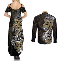 Polynesian Pride Couples Matching Summer Maxi Dress and Long Sleeve Button Shirts Tiare With Plumeria Mix Style LT7 - Wonder Print Shop
