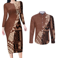 Bula Fiji Couples Matching Long Sleeve Bodycon Dress and Long Sleeve Button Shirt Tribal Masi Tapa - Brown LT7 - Wonder Print Shop