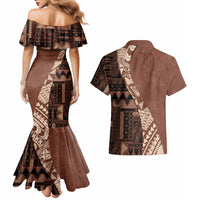 Bula Fiji Couples Matching Mermaid Dress and Hawaiian Shirt Tribal Masi Tapa - Brown LT7 - Wonder Print Shop