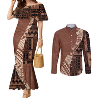 bula-fiji-couples-matching-mermaid-dress-and-long-sleeve-button-shirt-tribal-masi-tapa-brown
