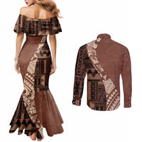 bula-fiji-couples-matching-mermaid-dress-and-long-sleeve-button-shirt-tribal-masi-tapa-brown