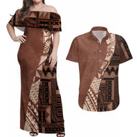 Bula Fiji Couples Matching Off Shoulder Maxi Dress and Hawaiian Shirt Tribal Masi Tapa - Brown LT7 - Wonder Print Shop