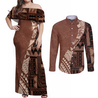 Bula Fiji Couples Matching Off Shoulder Maxi Dress and Long Sleeve Button Shirt Tribal Masi Tapa - Brown LT7 - Wonder Print Shop