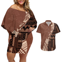 Bula Fiji Couples Matching Off Shoulder Short Dress and Hawaiian Shirt Tribal Masi Tapa - Brown LT7 - Wonder Print Shop