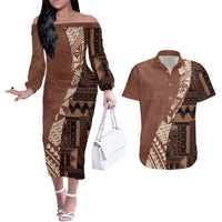 Bula Fiji Couples Matching Off The Shoulder Long Sleeve Dress and Hawaiian Shirt Tribal Masi Tapa - Brown LT7 - Wonder Print Shop