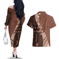 Bula Fiji Couples Matching Off The Shoulder Long Sleeve Dress and Hawaiian Shirt Tribal Masi Tapa - Brown LT7 - Wonder Print Shop