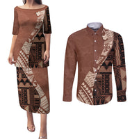 Bula Fiji Couples Matching Puletasi Dress and Long Sleeve Button Shirt Tribal Masi Tapa - Brown LT7 - Wonder Print Shop