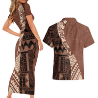 Bula Fiji Couples Matching Short Sleeve Bodycon Dress and Hawaiian Shirt Tribal Masi Tapa - Brown LT7 - Wonder Print Shop