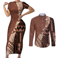 Bula Fiji Couples Matching Short Sleeve Bodycon Dress and Long Sleeve Button Shirt Tribal Masi Tapa - Brown LT7 - Wonder Print Shop
