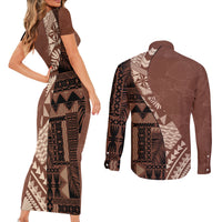 Bula Fiji Couples Matching Short Sleeve Bodycon Dress and Long Sleeve Button Shirt Tribal Masi Tapa - Brown LT7 - Wonder Print Shop