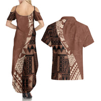 Bula Fiji Couples Matching Summer Maxi Dress and Hawaiian Shirt Tribal Masi Tapa - Brown LT7 - Wonder Print Shop