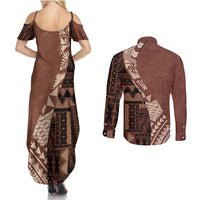 Bula Fiji Couples Matching Summer Maxi Dress and Long Sleeve Button Shirt Tribal Masi Tapa - Brown LT7 - Wonder Print Shop