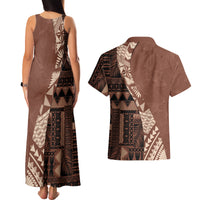 Bula Fiji Couples Matching Tank Maxi Dress and Hawaiian Shirt Tribal Masi Tapa - Brown LT7 - Wonder Print Shop