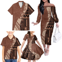 Bula Fiji Family Matching Off Shoulder Long Sleeve Dress and Hawaiian Shirt Tribal Masi Tapa - Brown - Wonder Print Shop
