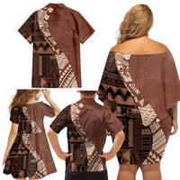 Bula Fiji Family Matching Off Shoulder Short Dress and Hawaiian Shirt Tribal Masi Tapa - Brown LT7 - Wonder Print Shop