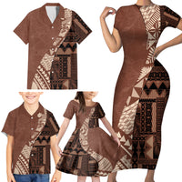 Bula Fiji Family Matching Short Sleeve Bodycon Dress and Hawaiian Shirt Tribal Masi Tapa - Brown - Wonder Print Shop