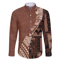 Bula Fiji Family Matching Short Sleeve Bodycon Dress and Hawaiian Shirt Tribal Masi Tapa - Brown - Wonder Print Shop
