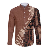 Bula Fiji Long Sleeve Button Shirt Tribal Masi Tapa - Brown - Wonder Print Shop
