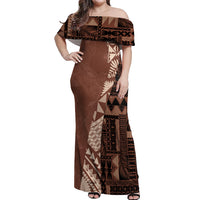 Bula Fiji Off Shoulder Maxi Dress Tribal Masi Tapa - Brown - Wonder Print Shop