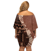 Bula Fiji Off Shoulder Short Dress Tribal Masi Tapa - Brown - Wonder Print Shop