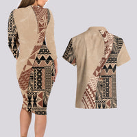 Bula Fiji Couples Matching Long Sleeve Bodycon Dress and Hawaiian Shirt Tribal Masi Tapa - Beige LT7 - Wonder Print Shop