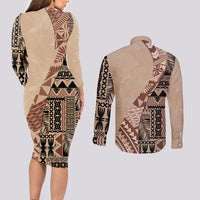 Bula Fiji Couples Matching Long Sleeve Bodycon Dress and Long Sleeve Button Shirt Tribal Masi Tapa - Beige LT7 - Wonder Print Shop