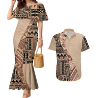 Bula Fiji Couples Matching Mermaid Dress and Hawaiian Shirt Tribal Masi Tapa - Beige LT7 - Wonder Print Shop