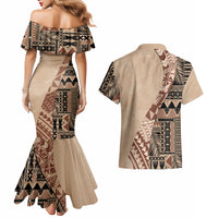 Bula Fiji Couples Matching Mermaid Dress and Hawaiian Shirt Tribal Masi Tapa - Beige LT7 - Wonder Print Shop